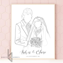 Load image into Gallery viewer, Engagement or Wedding Photograph Line Drawing Digitally Drawn Artwork