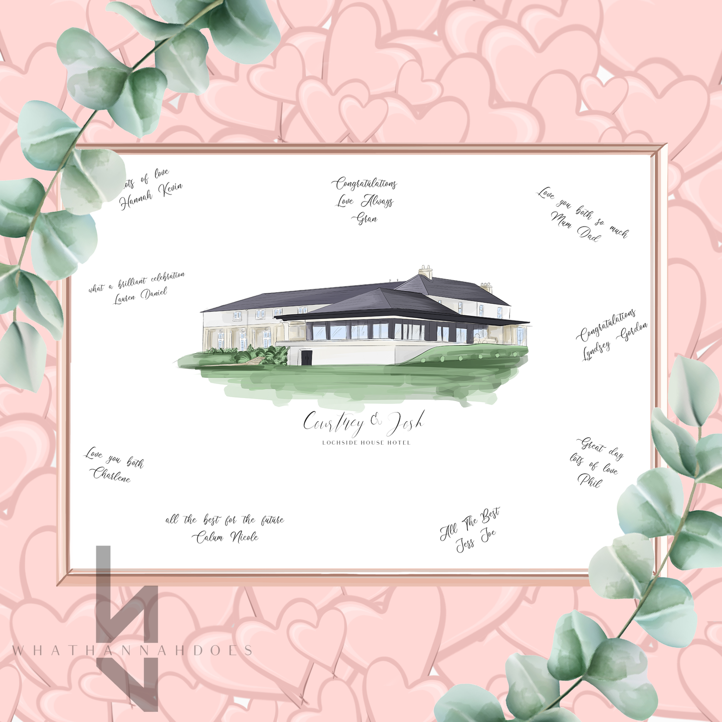 Guestbook print with full colour wedding venue illustration