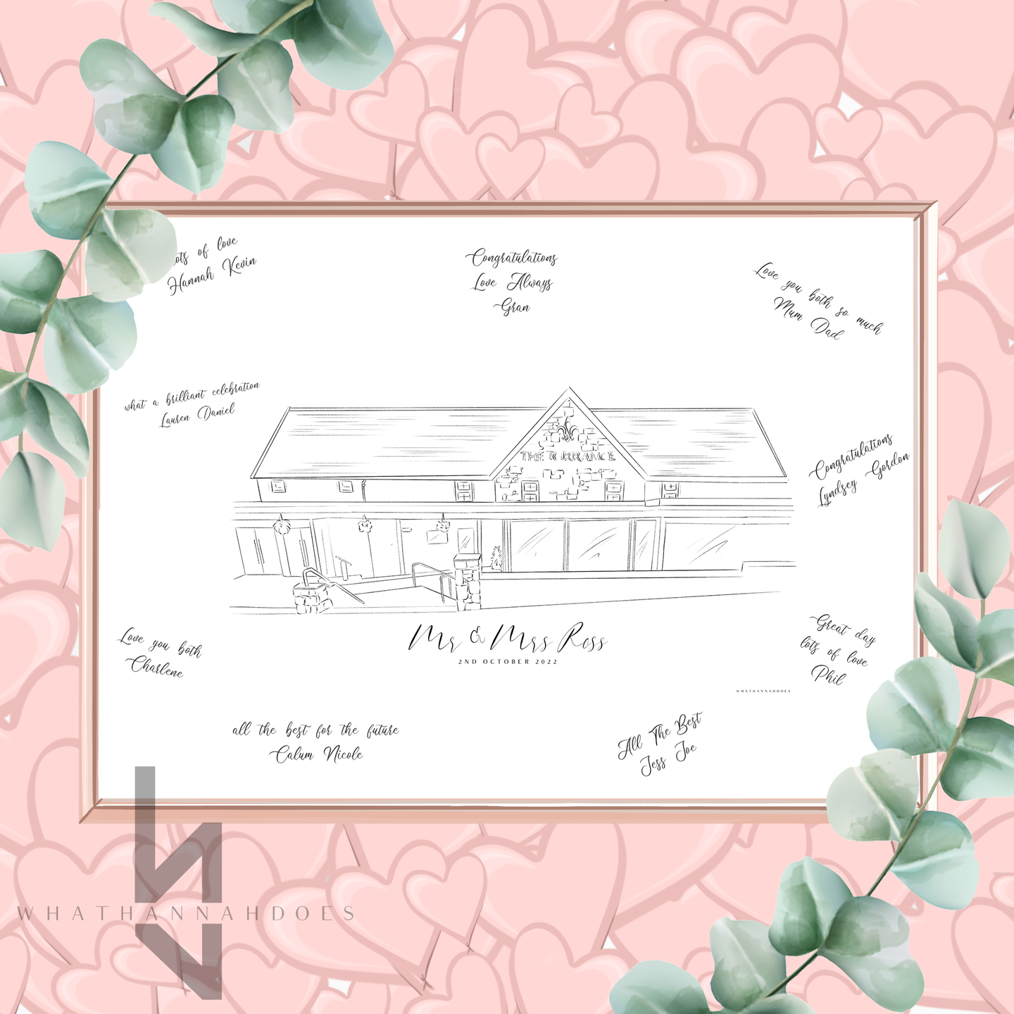 Guestbook print with line drawing wedding venue illustration